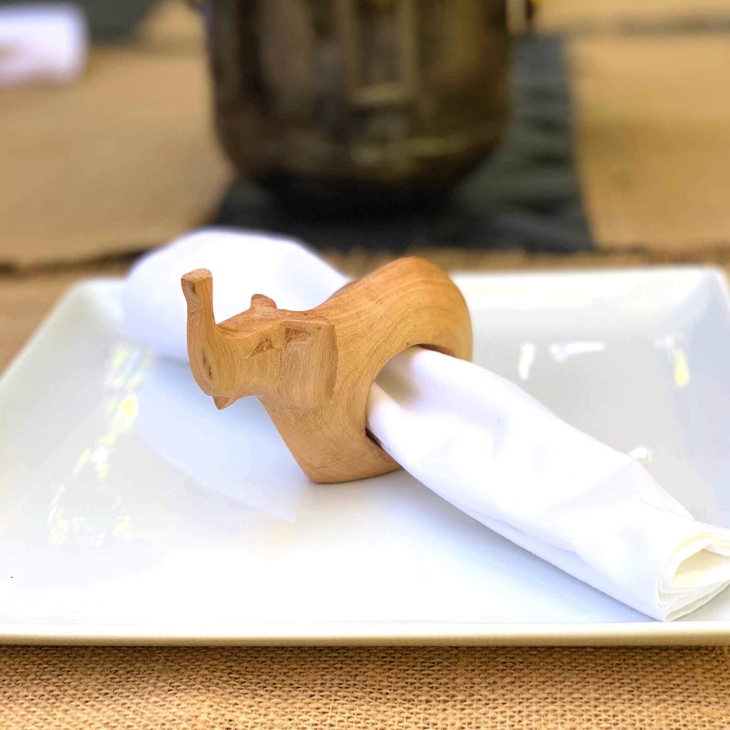 Global Crafts - Handcarved Mahogany Wooden Napkin Ring Holders, Elephant, Set of 6 - Rustic Decor
