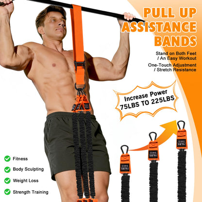 Pull Up Assistance Bands Set,3 Heavy Duty Pull-Up Bar Resistance Bands,Adjustable Weight/Height,Training Equipment with Handle and Foot Rest Unisex for Home & Gym/Muscle/Strength Training（Orange）