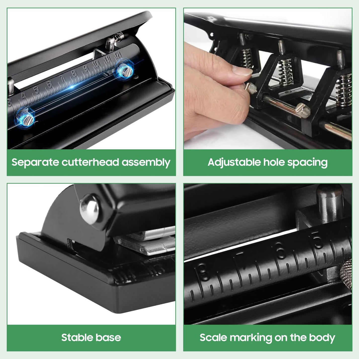 Adjustable 4-Hole Paper Puncher for A4 Refills - 10 Sheet Capacity - Portable Manual Tool with 6mm Hole Diameter - Black Desktop Ring Puncher for Office and School Supplies 999D