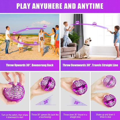 Unyfu 2025 Flying Orb Ball Toy, Galaxy Boomerang Hover Ball Led Lights Mini Drone Globe Hand Controlled Flying Ball Toys Cool Toys Gift for 6 7 8 9 10+ YearOld Boys Girls Teens Outdoor Toys(Purple)