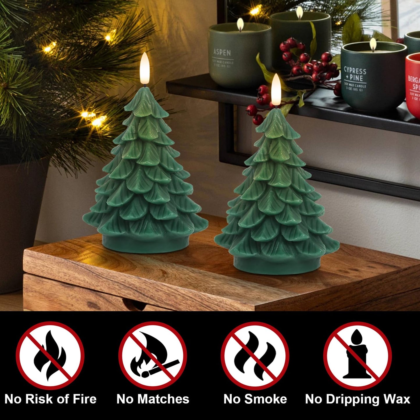 DRomance Christmas Tree Flameless Candles Battery Operated with 6 Hour Timer, 2 Pack Green Real Wax Lifelike Leaves 3D Wick LED Flickering Candles Dinner Party Holiday Indoor Decor(2.76" x 5.9")