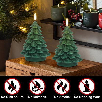DRomance Christmas Tree Flameless Candles Battery Operated with 6 Hour Timer, 2 Pack Green Real Wax Lifelike Leaves 3D Wick LED Flickering Candles Dinner Party Holiday Indoor Decor(2.76" x 5.9")