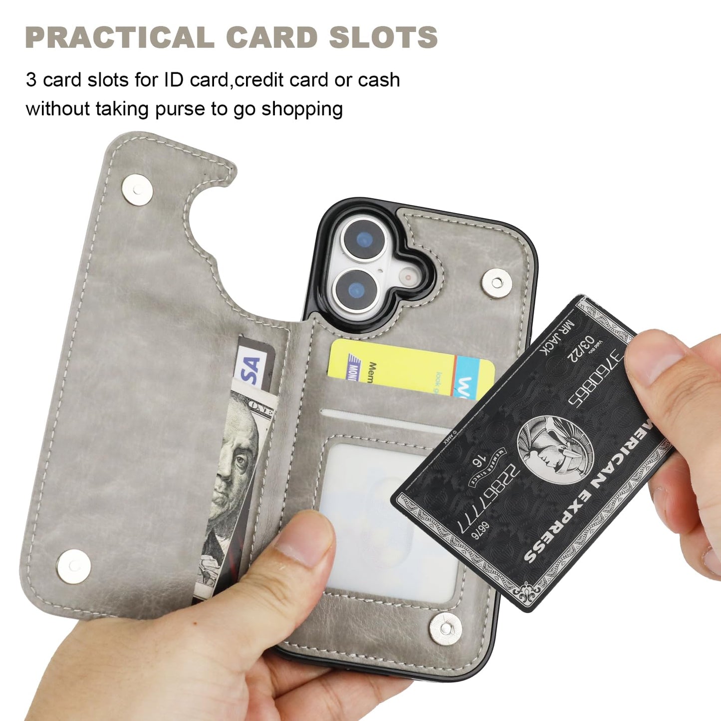 ONETOP Compatible with iPhone 17 Wallet Case with Card Holder, PU Leather Kickstand Card Slots Case, Double Magnetic Clasp and Durable Shockproof Cover 6.3 Inch (Gray)