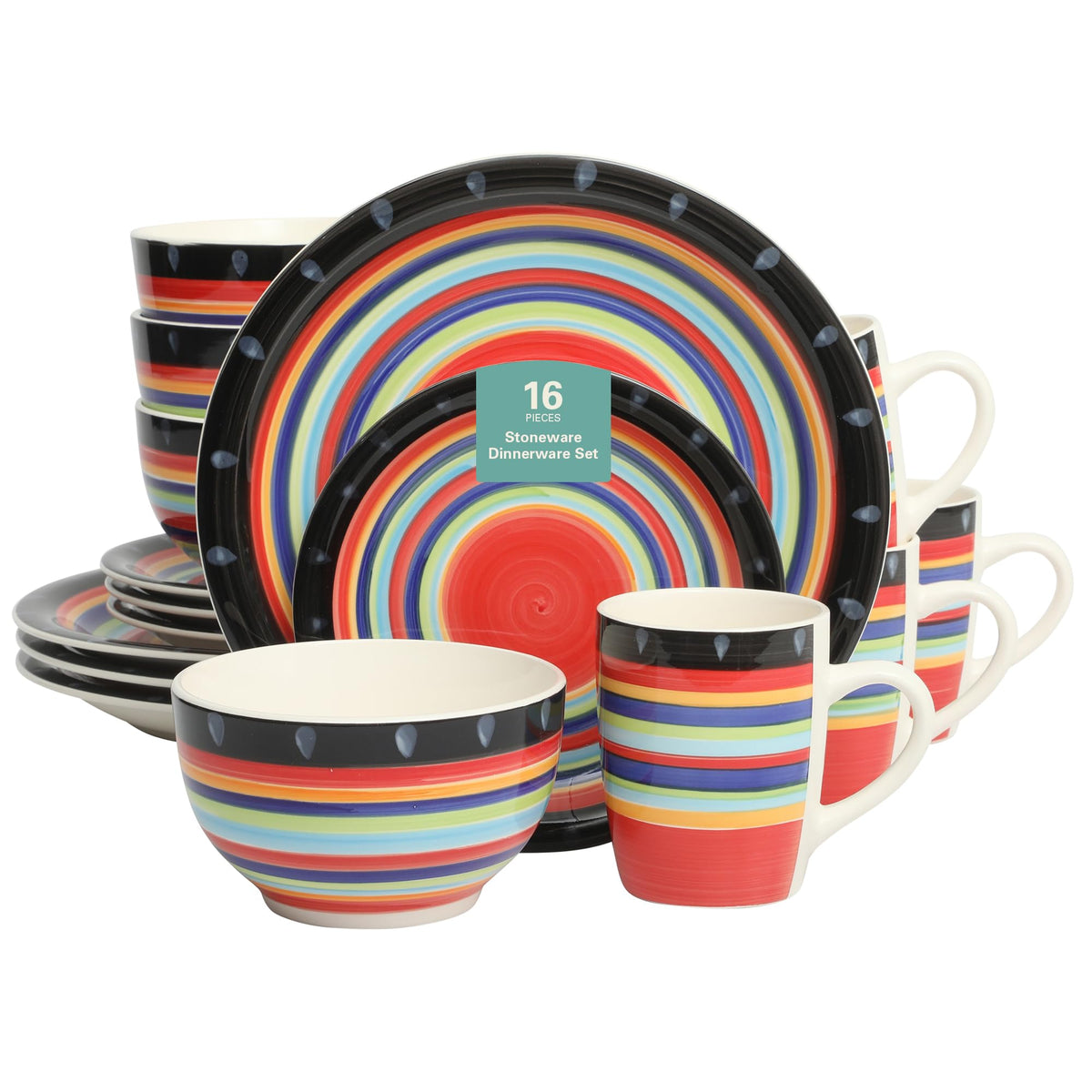 Gibson Home Queenslane 16 Piece Double Bowl Plates and Bowls Dinnerware Sets - Matte Blue