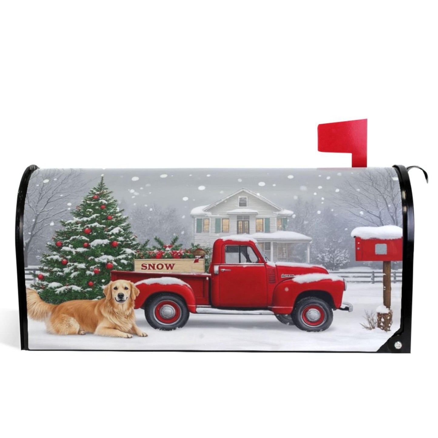 Christmas Tree Red Truck Magnetic Mailbox Covers Winter Snow Golden Retriever Dog Mailbox Cover Over Size Full Magnet Garden Yard Porch Mail Boxes Cover Holiday Decorations 25" L x 21" W
