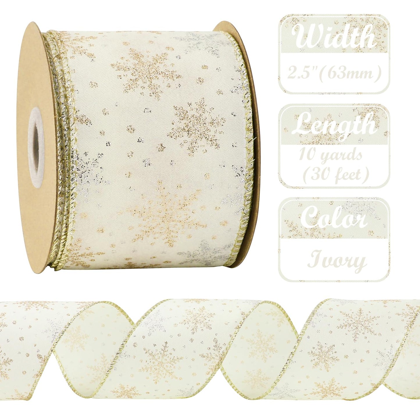 AIMUDI Ivory Snowflake Ribbon 2.5" Ivory and Gold Christmas Satin Wired Ribbon for Gift Wrapping Christmas Trees Wreaths Garlands Crafts Tree Topper Bows Home Decor- 10 Yards