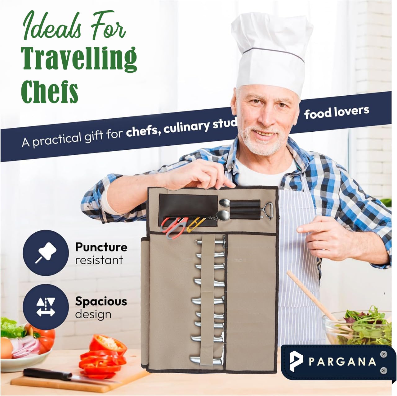 Pargana Chef Knife Roll Bag 9 Knife Slots - Durable Water-Resistant Acrylic Canvas Knife Roll Case Adjustable Leather Shoulder Strap & Handle - Fits 12” Knives & Honing Steel -Culinary Travel-Friendly
