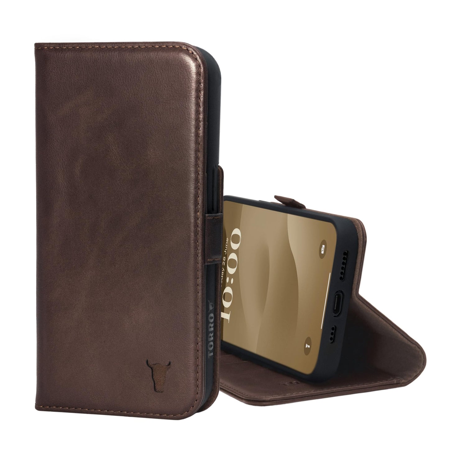 TORRO Premium Leather Case Compatible with iPhone 15 6.1" – Genuine Leather Wallet Flip Folio Case with Kickstand and Card Slots - Dark Brown