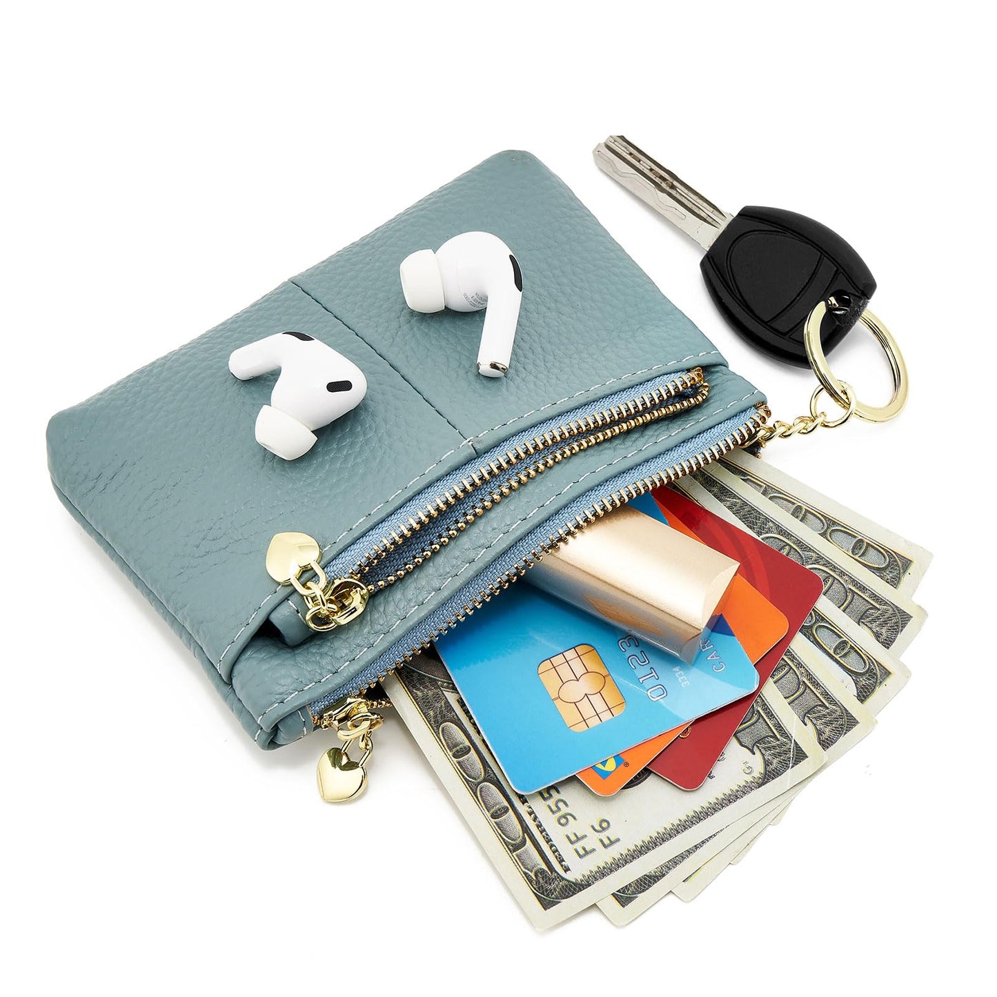 ZOOEASS Coin Purse Women Genuine Leather Zip Mini Purse With Key Ring Triple Zipper Card Holder Wallet (Blue)