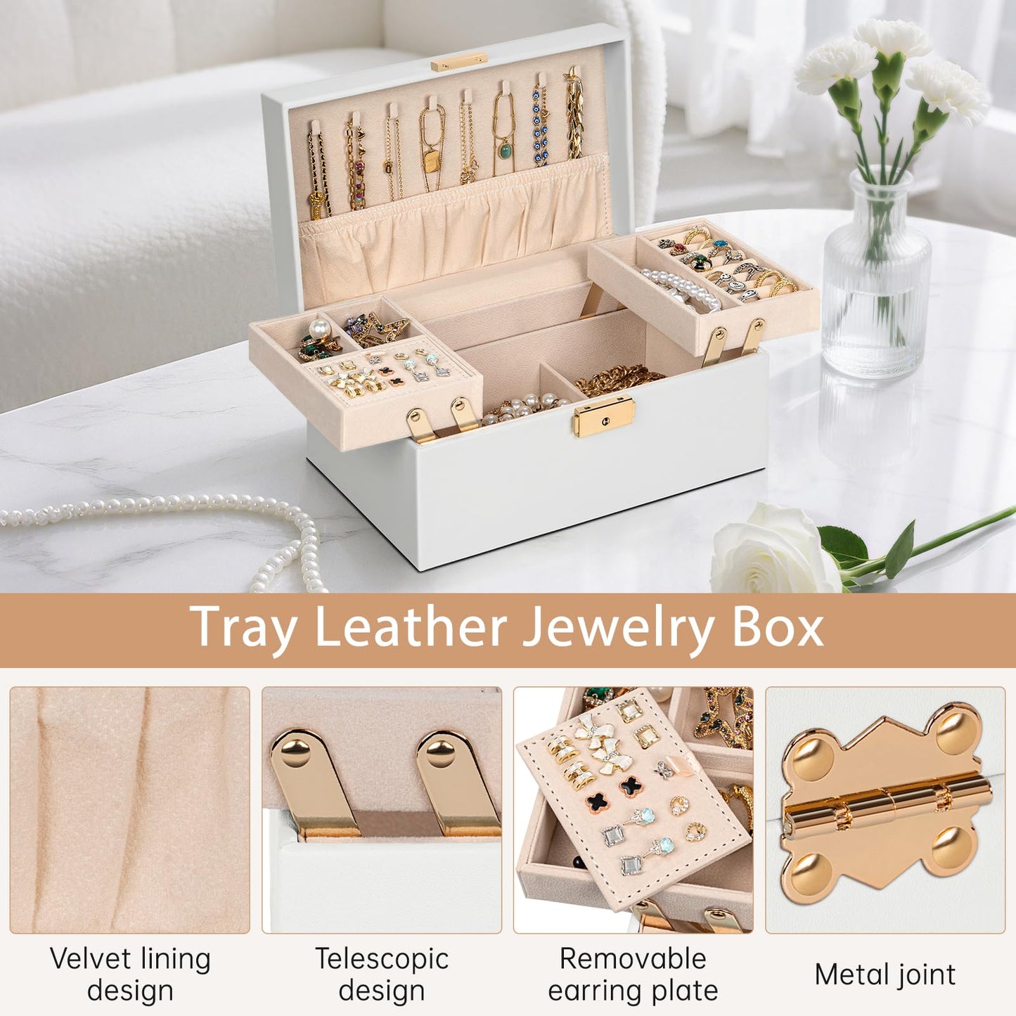 AKOZLIN Travel Jewelry Box Organizer Functional 2-trays Leather Jewelry Storage Case with Lockable Portable for Women Girls Ring Necklace Earring Bracelet