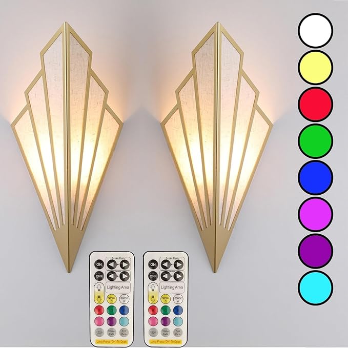 Modern style wall light set of two,Battery operated wall sconces with remote control,Wireless art deco lighting fixture for living room,6 RGB colors dimmable(With bulbs+remote control+charging cable)