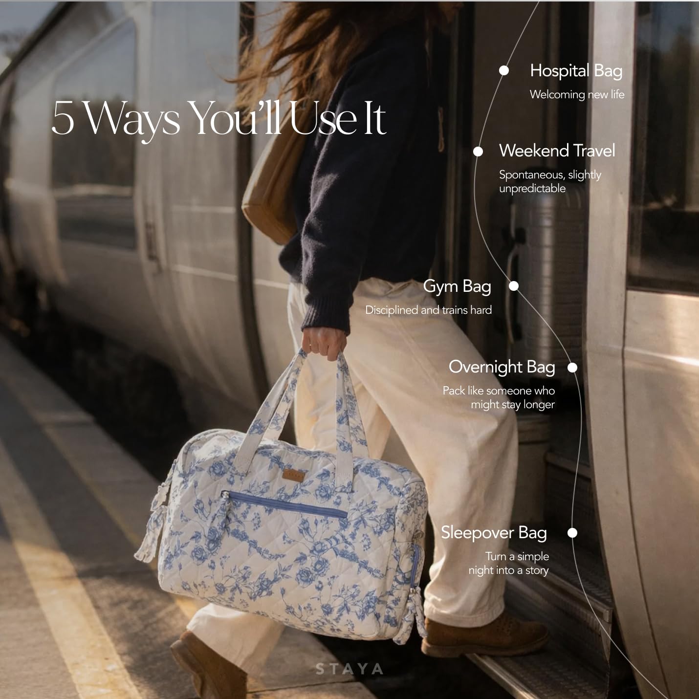 Staya Quilted Weekender for Women – Overnight Bag, Hospital Bag for Labor and Delivery, Soft Cotton Quilted Duffle, Perfect Carry-On Travel (Coastal Grandma)