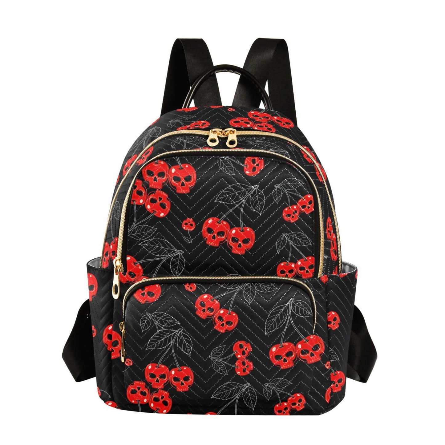 Mozuya Cherry Skull Backpack Purse for Women Girls Black Anti-theft Mini Fashion Travel Backpack with Zipper for College Travel S