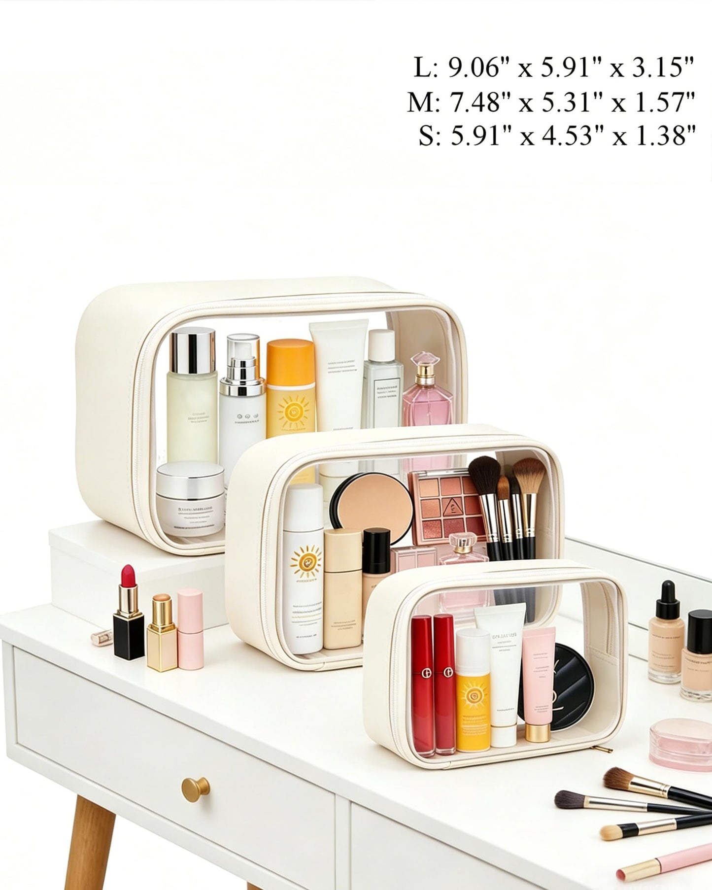 FFpaw Travel Clear Makeup Bag Set for Women, 3 Pack Travel Size Toiletry Bag with Zipper Small Makeup Pouch for Purse Waterproof Portable Cosmetic Case Compact Car Organizer Storage Bag (Beige Set)
