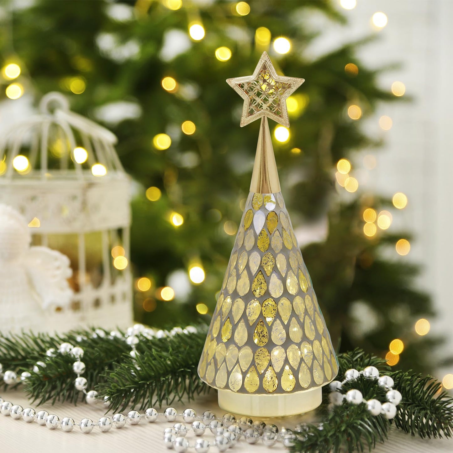 Mosaic Glass Christmas Tree Gold with Star, 3 PCS Small Tabletop Christmas Trees with Light, Battery Operated Xmas Tree for Bedroom Decor 11"