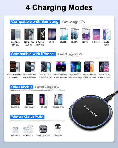 NANAMI Fast Wireless Charger [2 Pack] - Qi Certified Wireless Charging Pad for iPhone 17/17 Pro/17 Pro Max/16/15/14/13/13 Pro/12,10W for Samsung Galaxy S25/S25 Ultra/S24/S24 Ultra/S23/S22, New Airpods