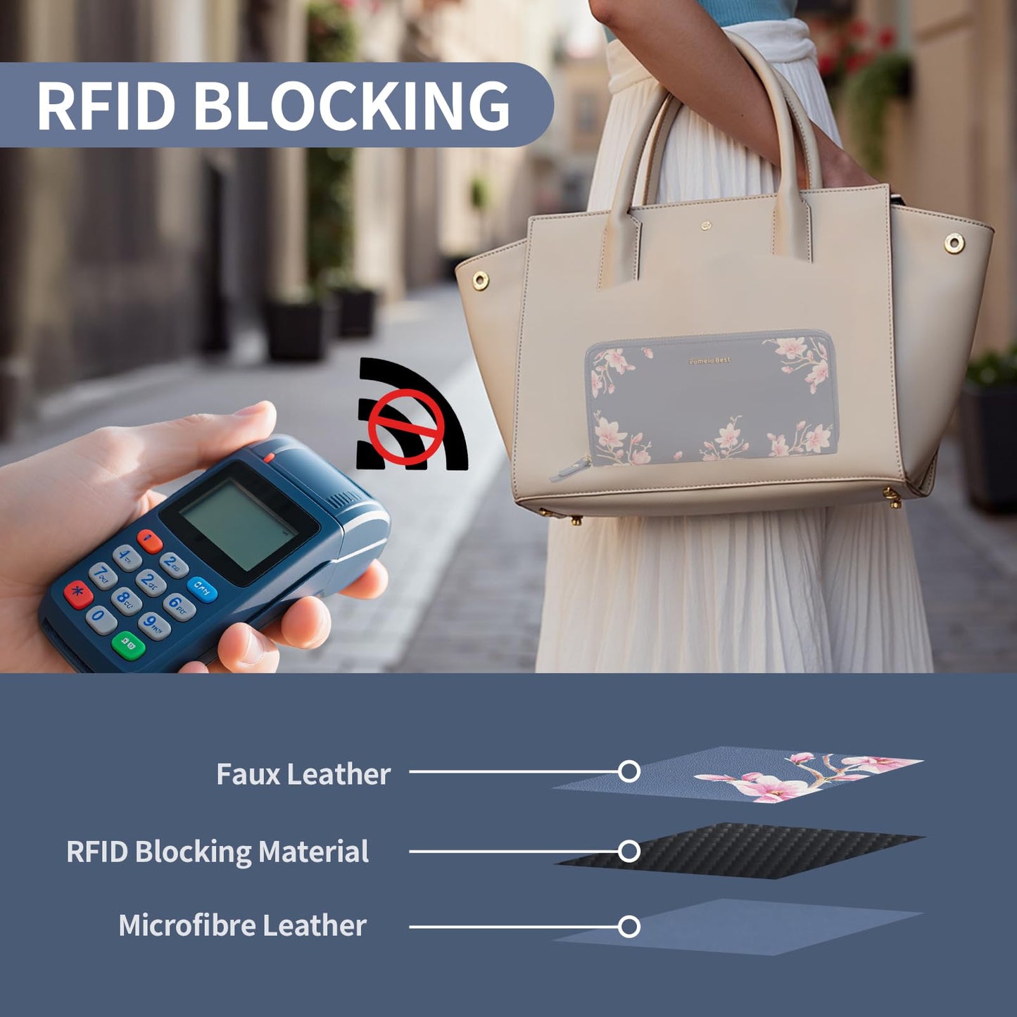 Pomelo Best Womens Wallet RFID Blocking Leather Multi Credit Card Large Capacity Wristlet Zip Around Long Wallets for Lady Blue