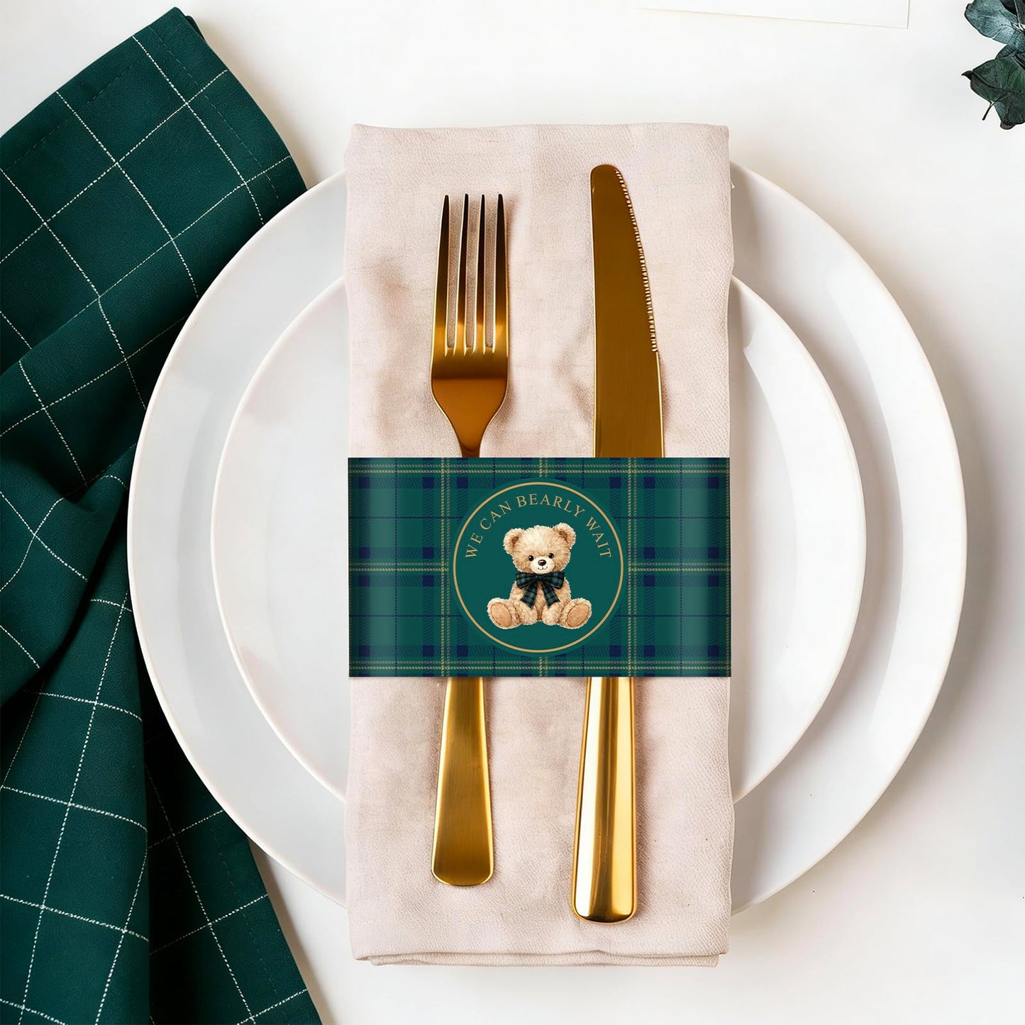 Whaline 200Pcs Tartan Plaid Bear Napkin Ring Cute Bear Self-Adhesive Napkin Holder Baby Shower Paper Dinner Table Ring for Birthday Gender Reveal Party Table Setting Decorations