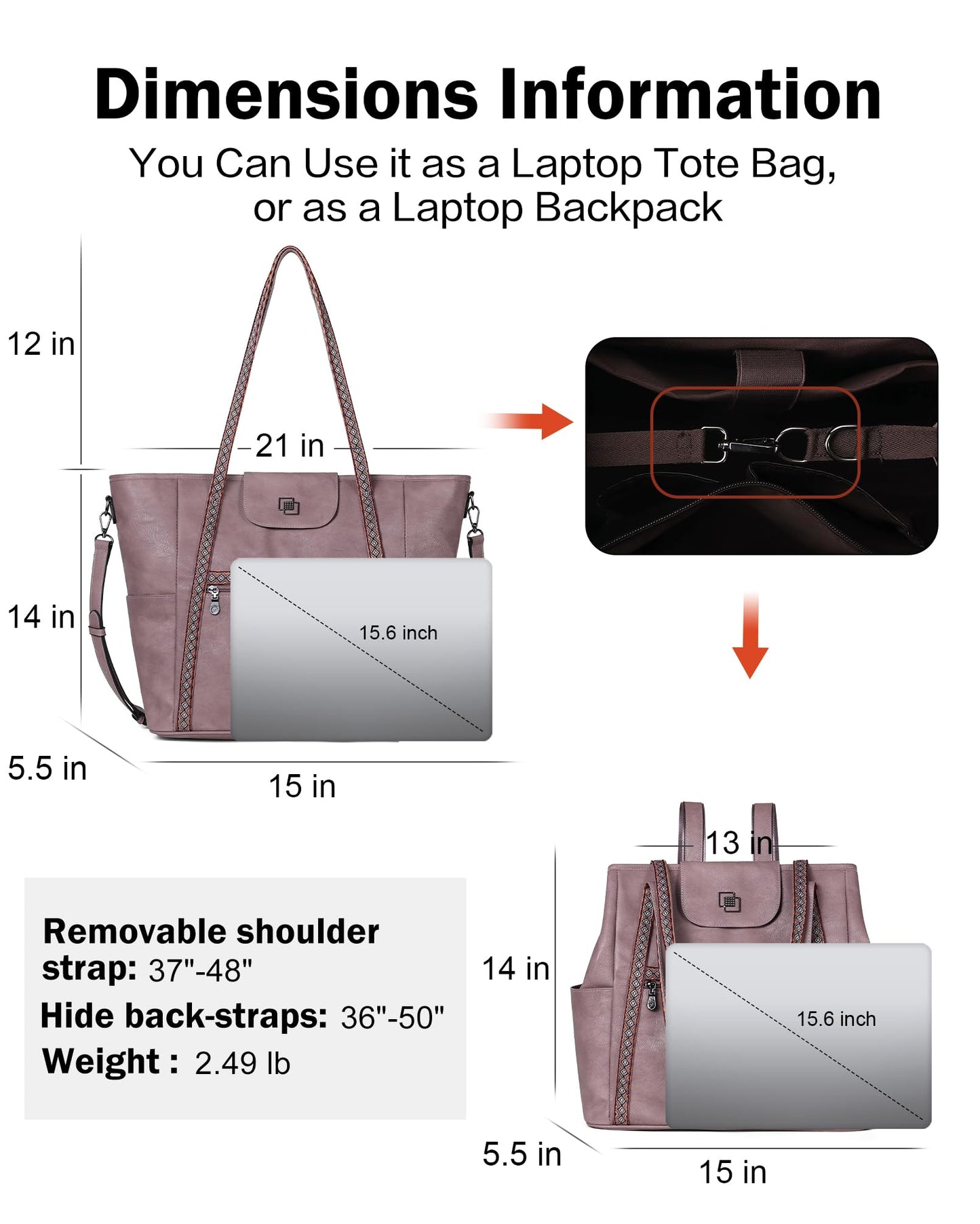 FADEON Large Laptop Tote Bag for Women Designer Leather Laptop Bag Fashion Travel Backpack Purse Shoulder Handbag Purple