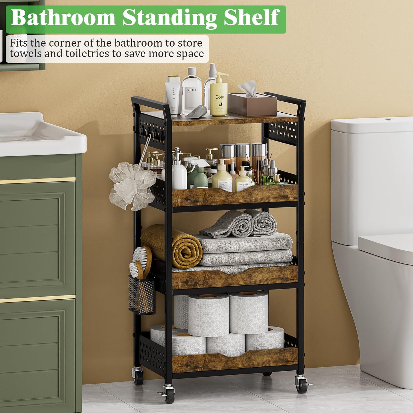 MJIMKE 4-Tier Utility Rolling Cart with Wheels - Kitchen Organizations and Storage Metal Cart, Detachable Fruits Coffee Snacks Art Craft Storage Cart for Bathroom, Pantry & Laundry, Black