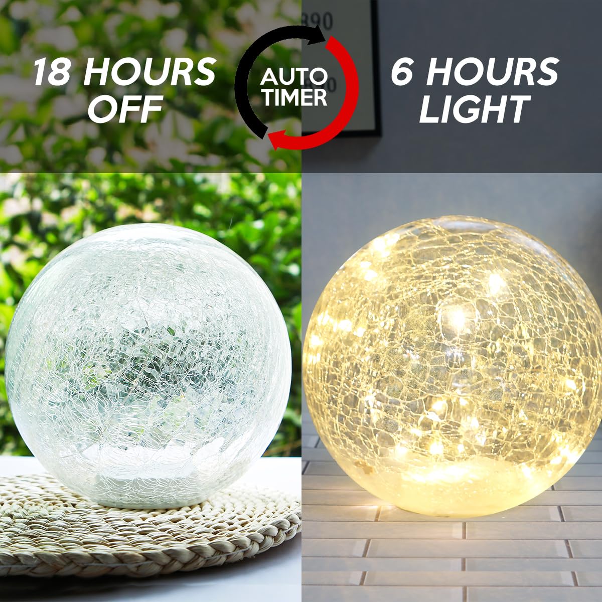 Crackle Globe LED Lamp Battery Operated with Timer, Lighted Glass Orb for Living Room & Festival Christmas Decoration, Indoor Glowing Night Light Sphere Table Lamp for Mother's Gift, Glass Ball Light