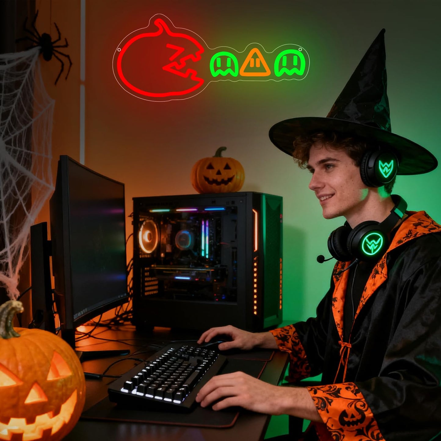 Halloween Gamer Neon Sign, Pumpkin Gaming Led Neon Light Signs for Wall Room Decor LED Lights Lamps for Game Room Doors Party Birthday Christmas Gift for Teenage Boys Dimmable USB Powered(16.5"*7.5")