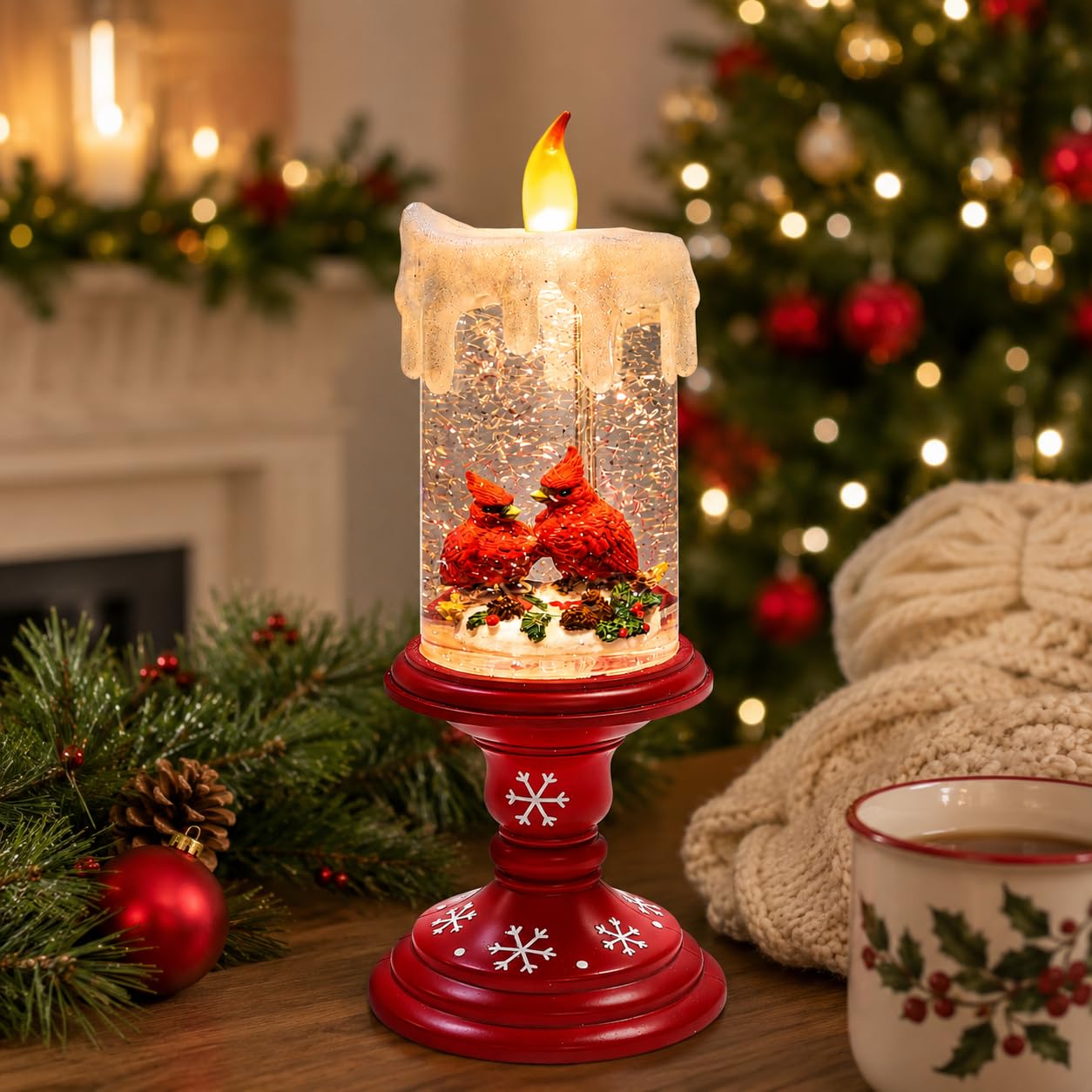 MOMENTS IN TIME LED Lighted Spinning Water Candle with Cardinals 10”H Acrylic Glitter Candle Decor Battery Operated Christmas Decoration Light-Up Holiday Lantern for Home Décor