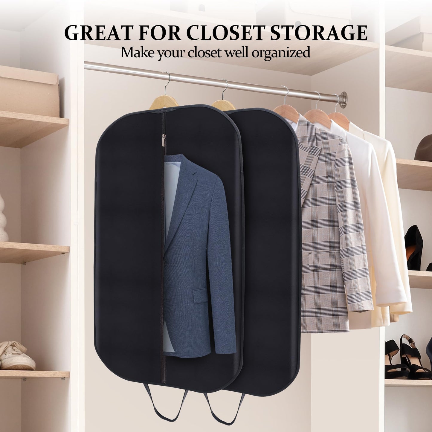 Garment Bags (2 Pack) - 40 Inch Premium PU Leather & Fabric Hanging Clothes Storage for Travel/Closet - Wrinkle-Free Suit Cover with Zipper & Handle for Shirts, Jackets, Coats, Dresses, Polo