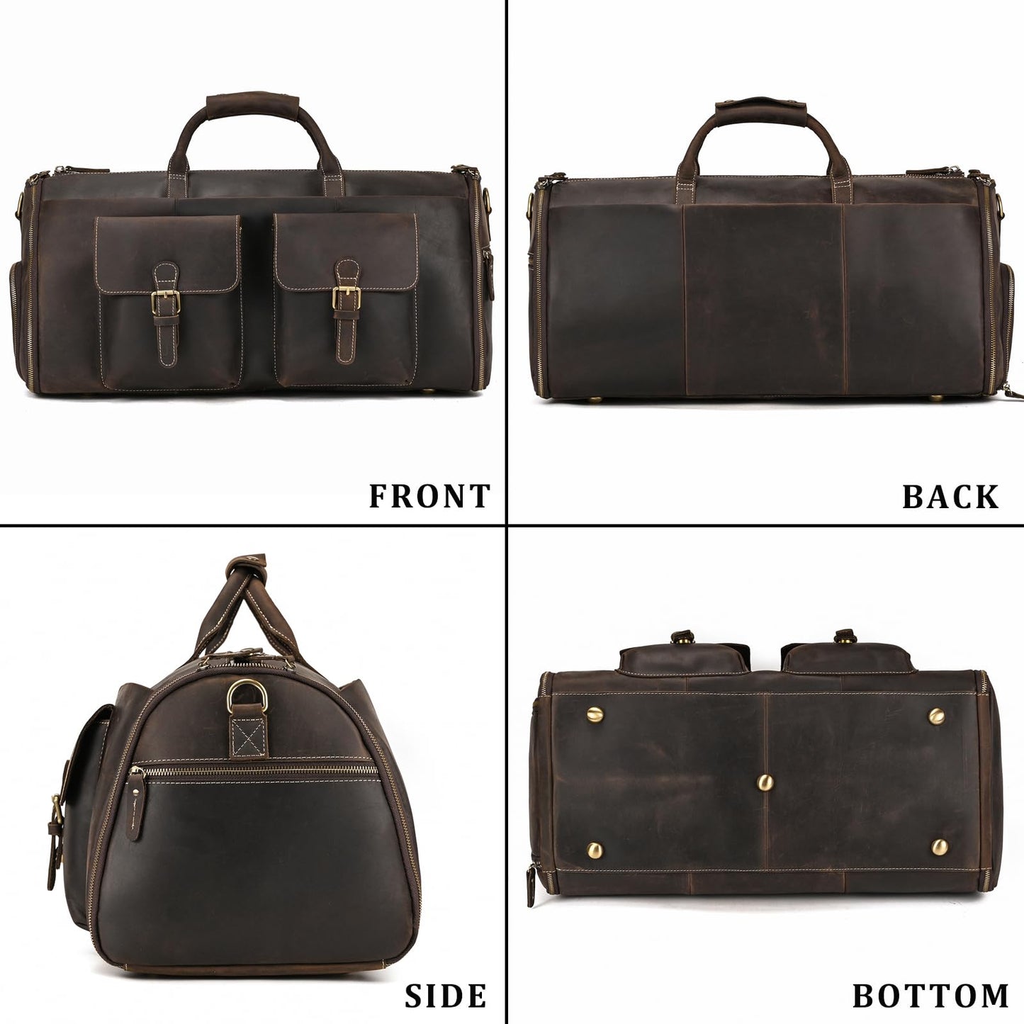 Leather Garment Bag for Men, Convertible Carry on Garment Duffel Bag for Travel Weekender Bag 2 in 1 Hanging Suitcase Suit Bag