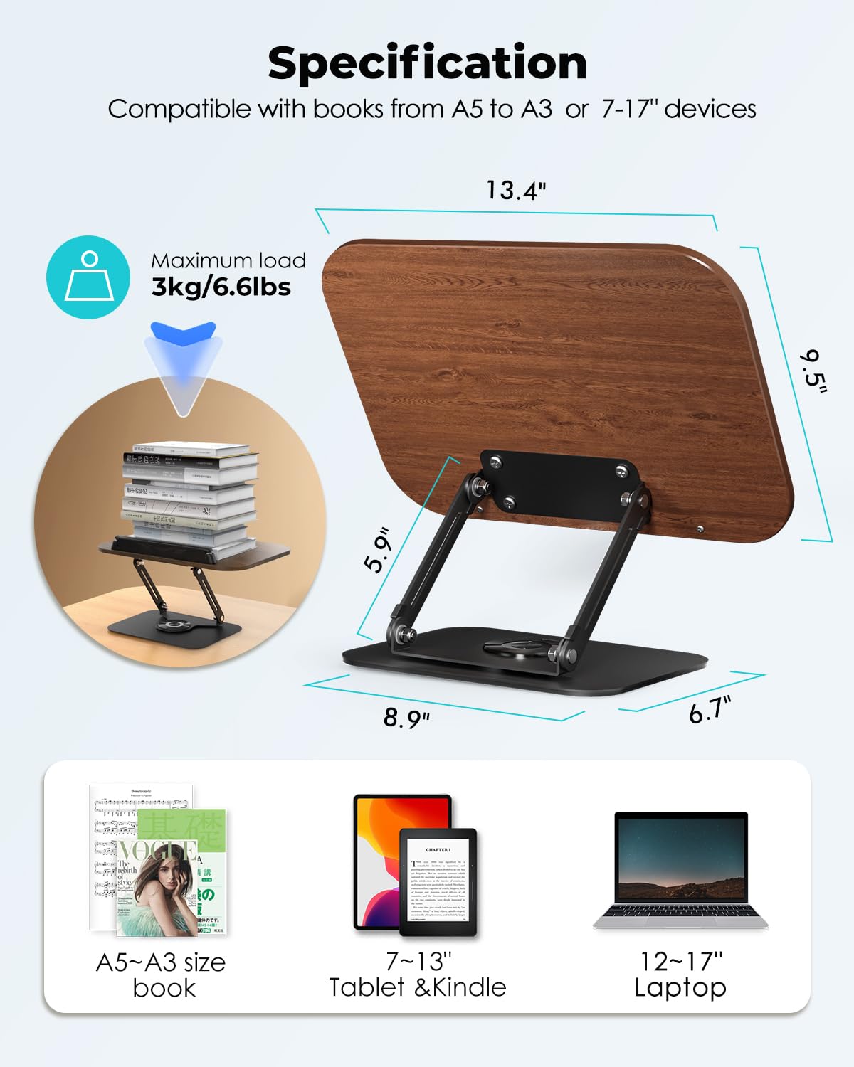 Viozon Book Stand for Reading,Book Holder, Height&Angle Adjustable, 360° Rotating Base, Foldable and Portable, Lightweight for Office, Kitchen, School Textbook, Recipe, Magazine,Kindle,Tablet DW