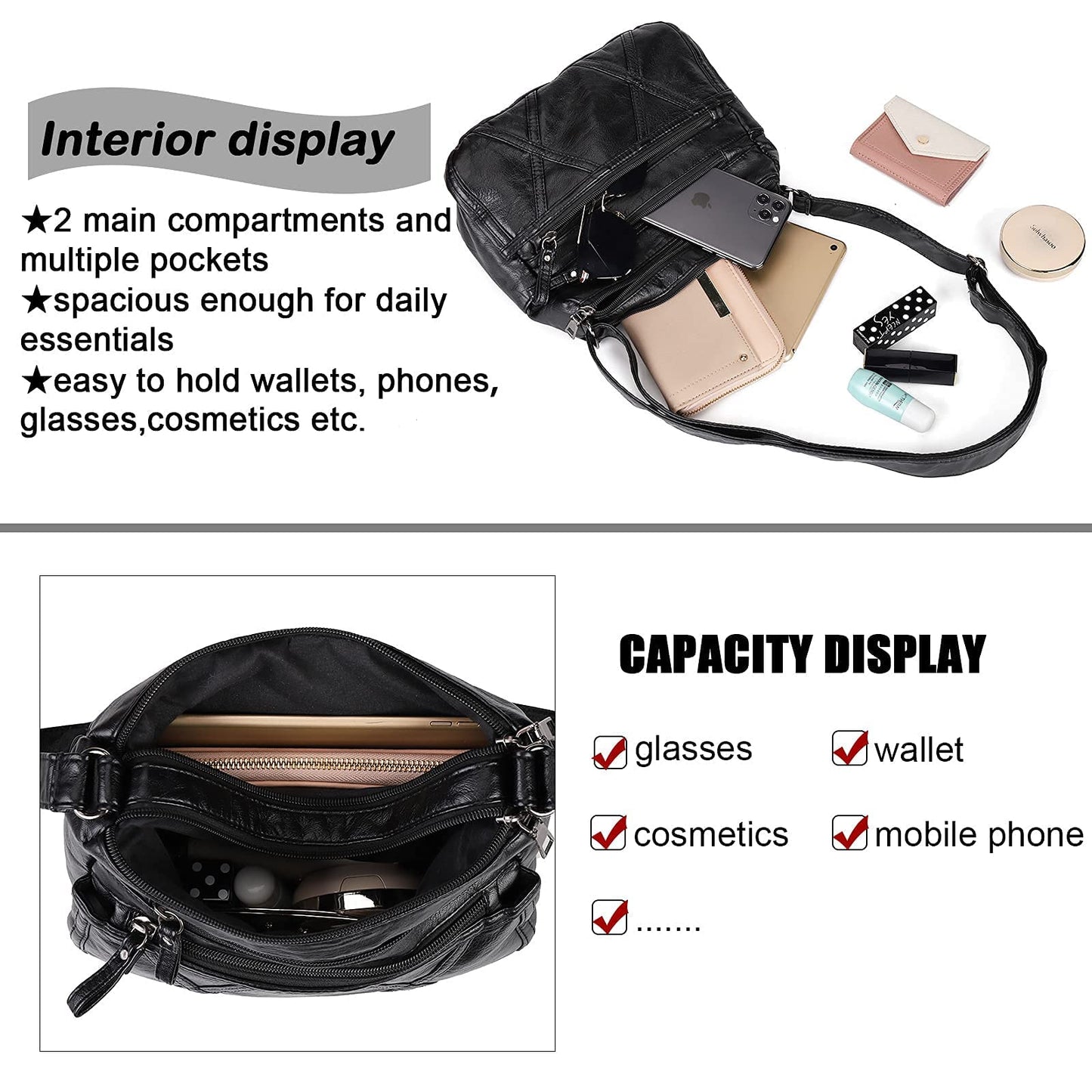 Gladdon Small Crossbody Bags for Women Leather Shoulder Purses Vegan Womens Cross body Bag Lightweight Black