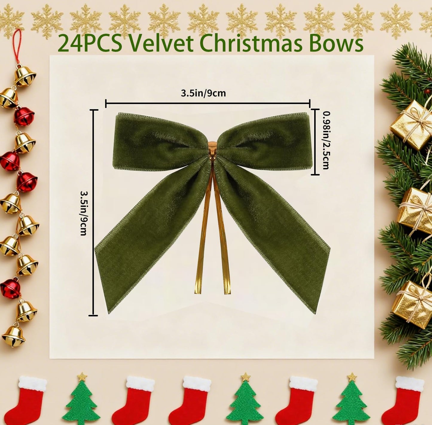Doacpcr 24 Pcs Green Small Velvet Bows for Valentines Day Decorations, 3.5 Inch Xmas Velvet Ribbon Bow Ornaments for Christmas Farmhouse Tree Wreath Garland DIY Craft Gift Wrapping Decorative, 1" W