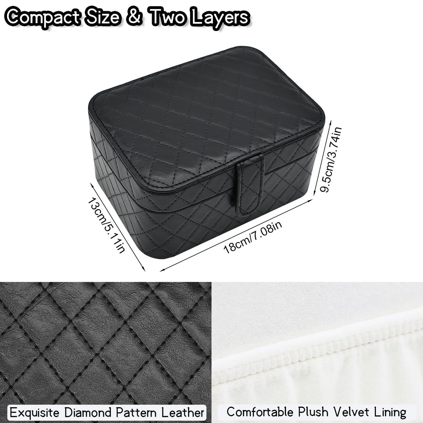 Cuifdem Jewelry Travel Case, 2-Layer Jewelry Box Organizer Medium Jewelry Travel Box, Portable Faux Leather Jewellery Storage Boxes with Argyle for Women, Daily Jewellery Case Home Use (Pure black)