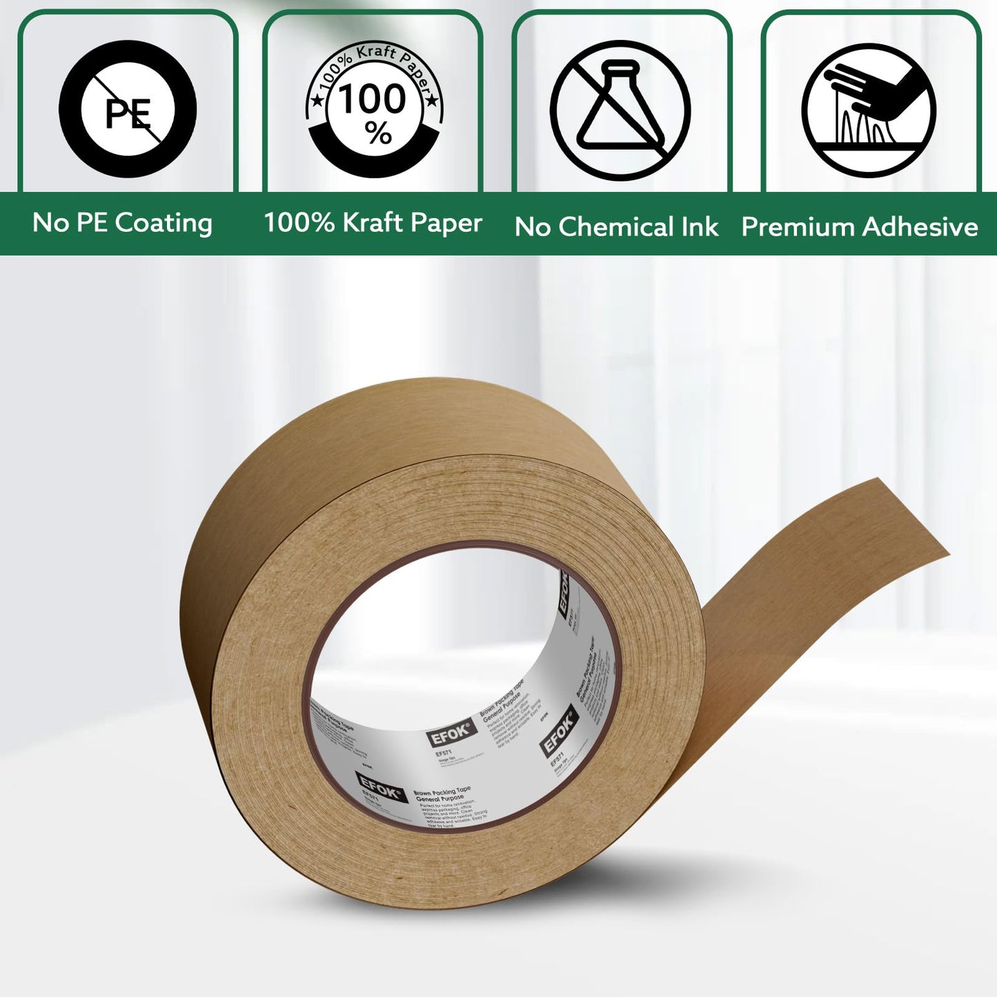 EFOK 6 Rolls Brown Packing Tape 2 Inch Bulk, 2025 Upgrade Kraft Paper Packaging Tape, 2 Inch x 55 Yards, Cardboard Shipping for Packing Boxes, Tear by Hand for Express Parcels & Office Use