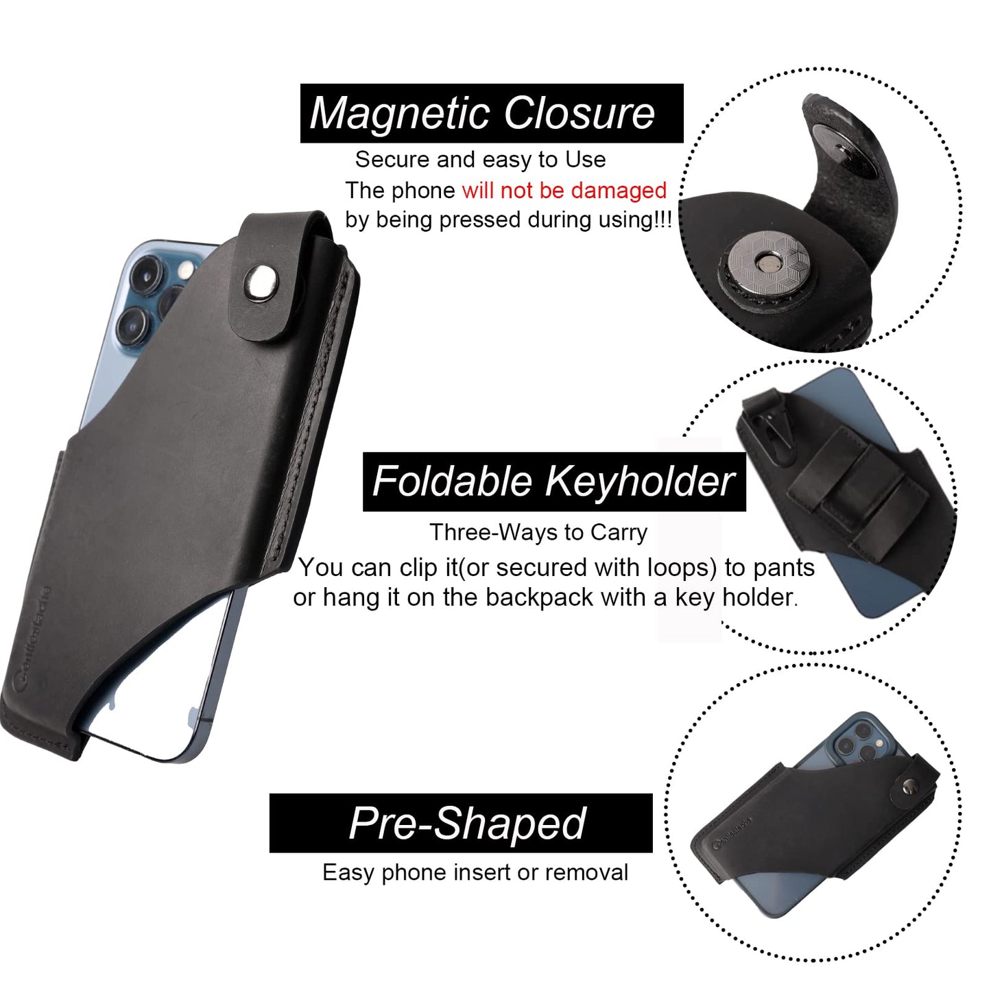 Gentlestache Leather Cell Phone Holster with Belt Clip,Leather Phone Pouch for iPhone Samsung Motorola,Belt Case with Belt Loops,Leather Phone Case on Belt,Cell Phone Sheath,Large Size,Black