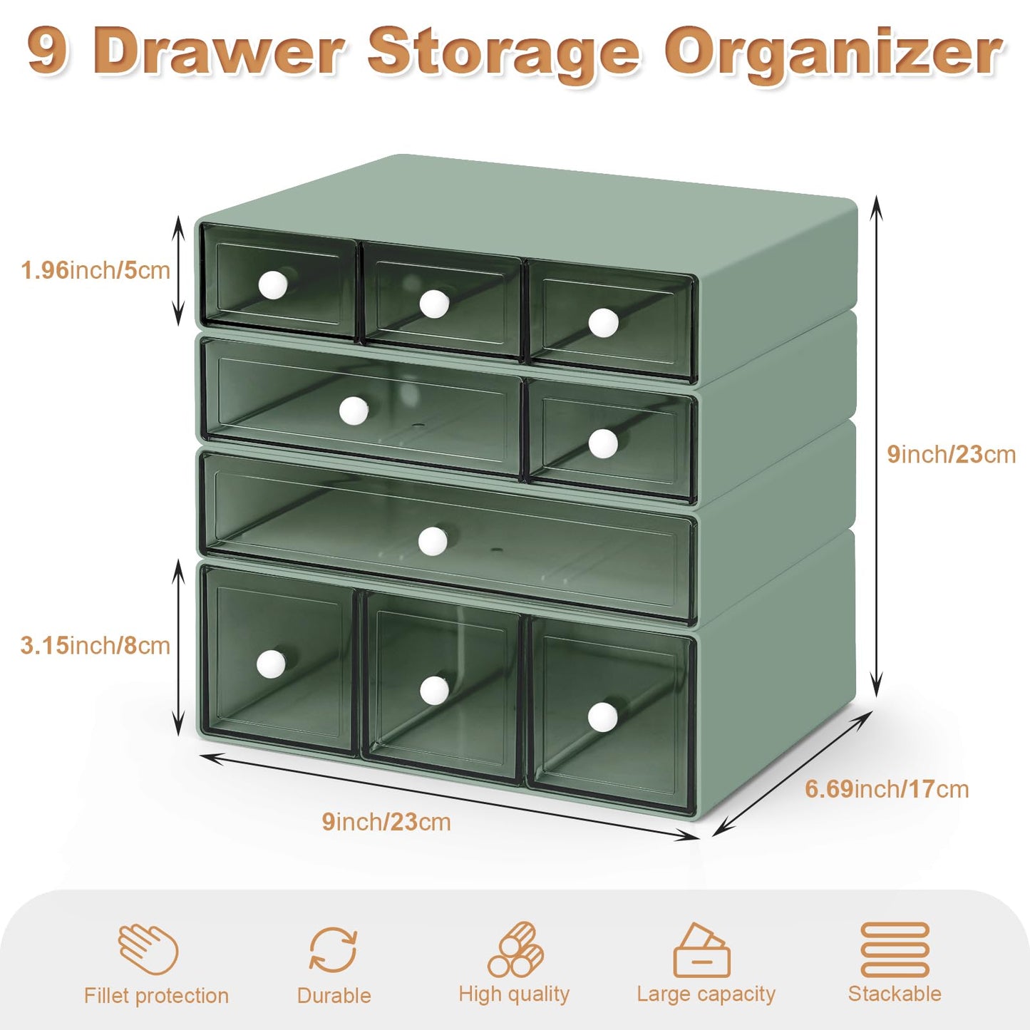 MYKASEN Desk Organizer with 9 Drawers, 4 Tier Plastic Stackable Storage Drawers for Desk Storage, Office Stationary Makeup Organizer Suit for Home, Office and School