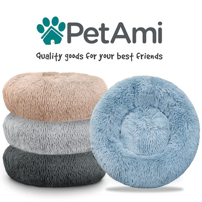 PetAmi Calming Dog Bed for Small Medium Dog Cat, Round Donut Washable, Fluffy Faux Fur Plush Cuddler Pet Kitten Cushion, Anti-Slip, Fits up to 25 lbs, 23 inch, Dusty Blue