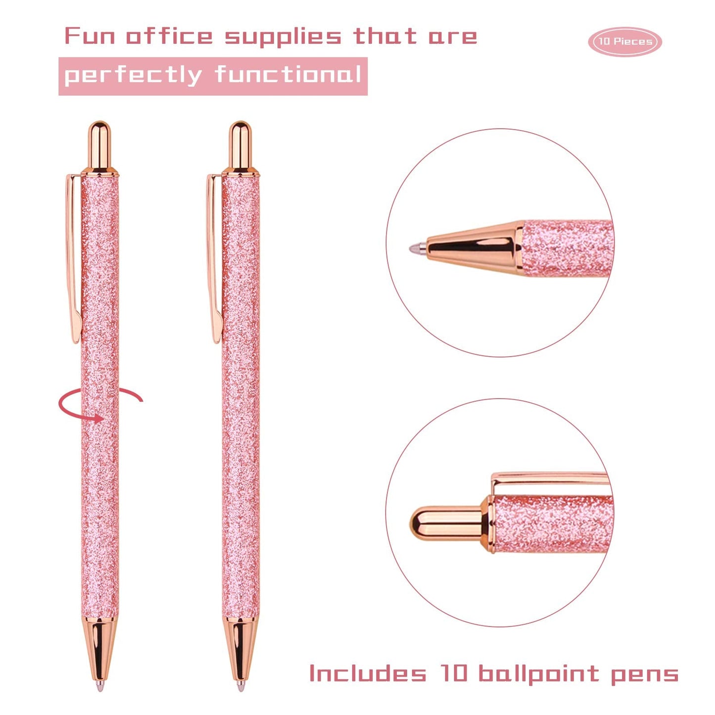 WY WENYUAN 10 Pcs Ballpoint Pens, Comfortable Writing, Metal Retractable Pretty Journaling Pens, Black Ink Medium Point 1.0 mm Gift, Cute Office Supplies for Women