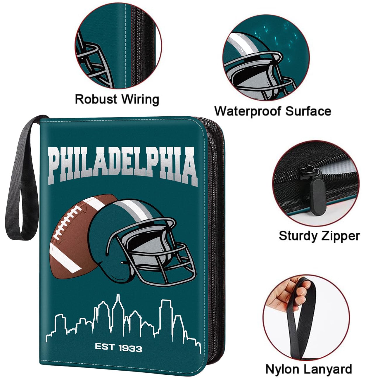 Football Card Binder, Philadelphia Trading Card Holder Protectors, 4 Pocket Fits 400 Cards with 50 Removable Sleevesves Card Storage Album