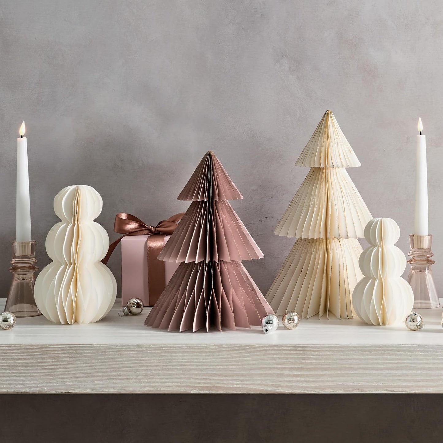 LampLust Paper Christmas Tree Decor, 2 Pack Dusty Rose Honeycomb Paper Trees, 10" & 12", Pink Decor, Winter Wonderland Decorations, Winter Decoration for Home, Winter Mantel Decor