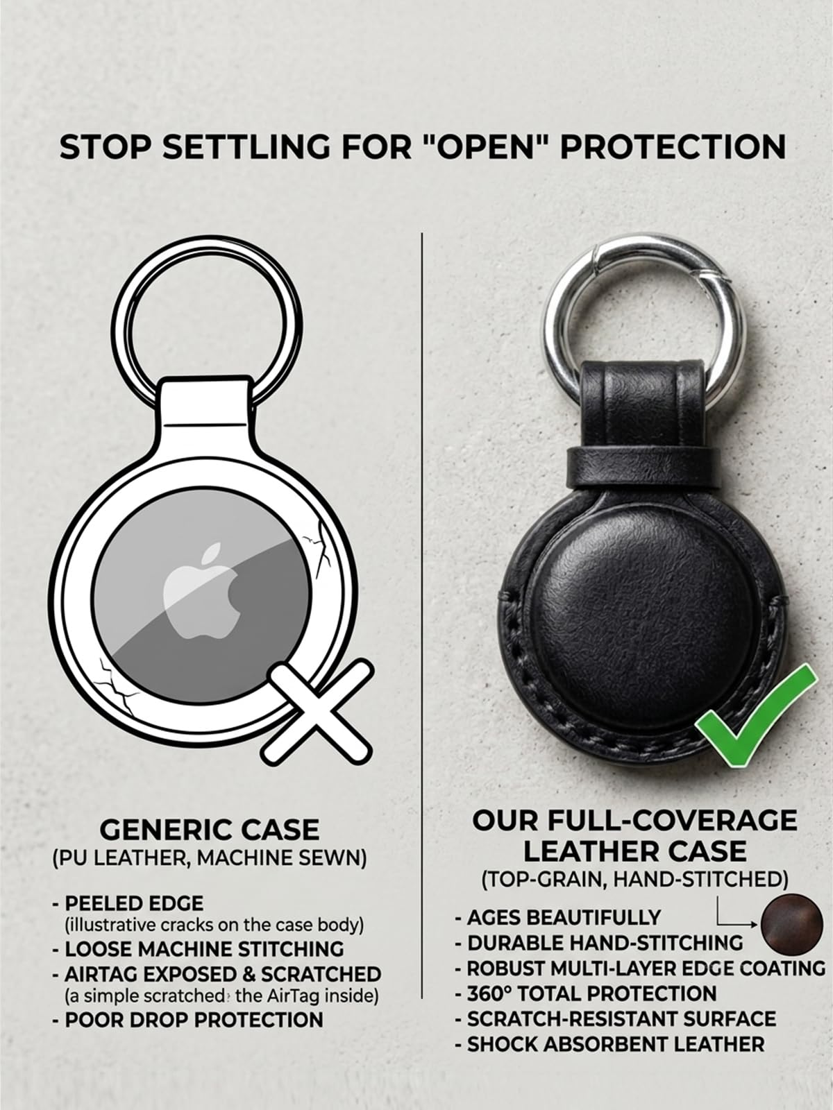 JusBumio Handcrafted Full Grain Veg-Tanned Leather Holder Compatible with Apple AirTag 2nd & 1st Gen, Full-Wrap Secure Keychain Case, Discreet Leather Air Tag Keychain for Keys, Bags & Luggage