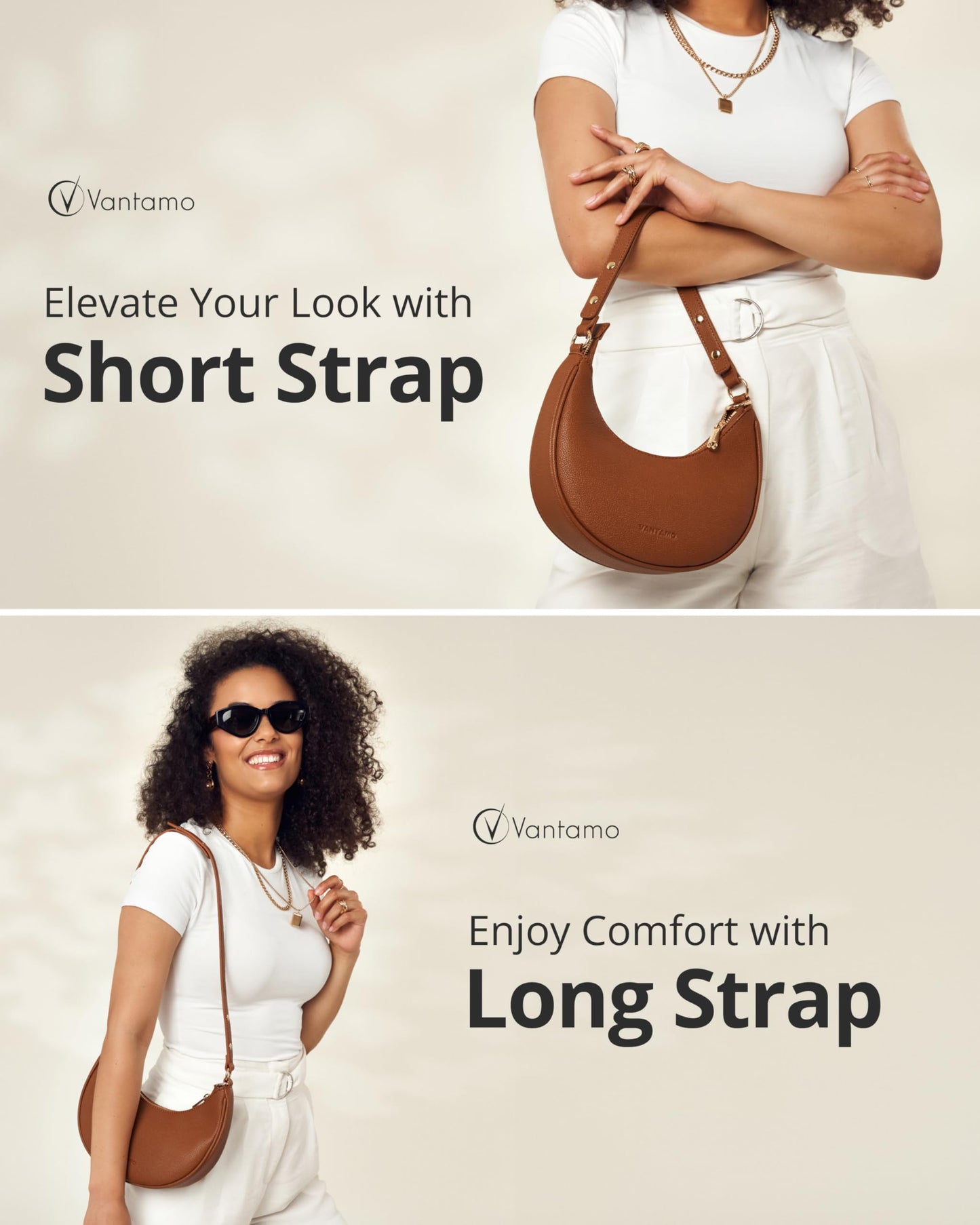 Vantamo Crescent Bags For Women with RFID Protection, Half Moon Clutch Purses for Women with Anti-Theft Clip for Extra Safety, Premium Smooth PU Leather Handbags for Work & Going Out, Sienna Tan Purse
