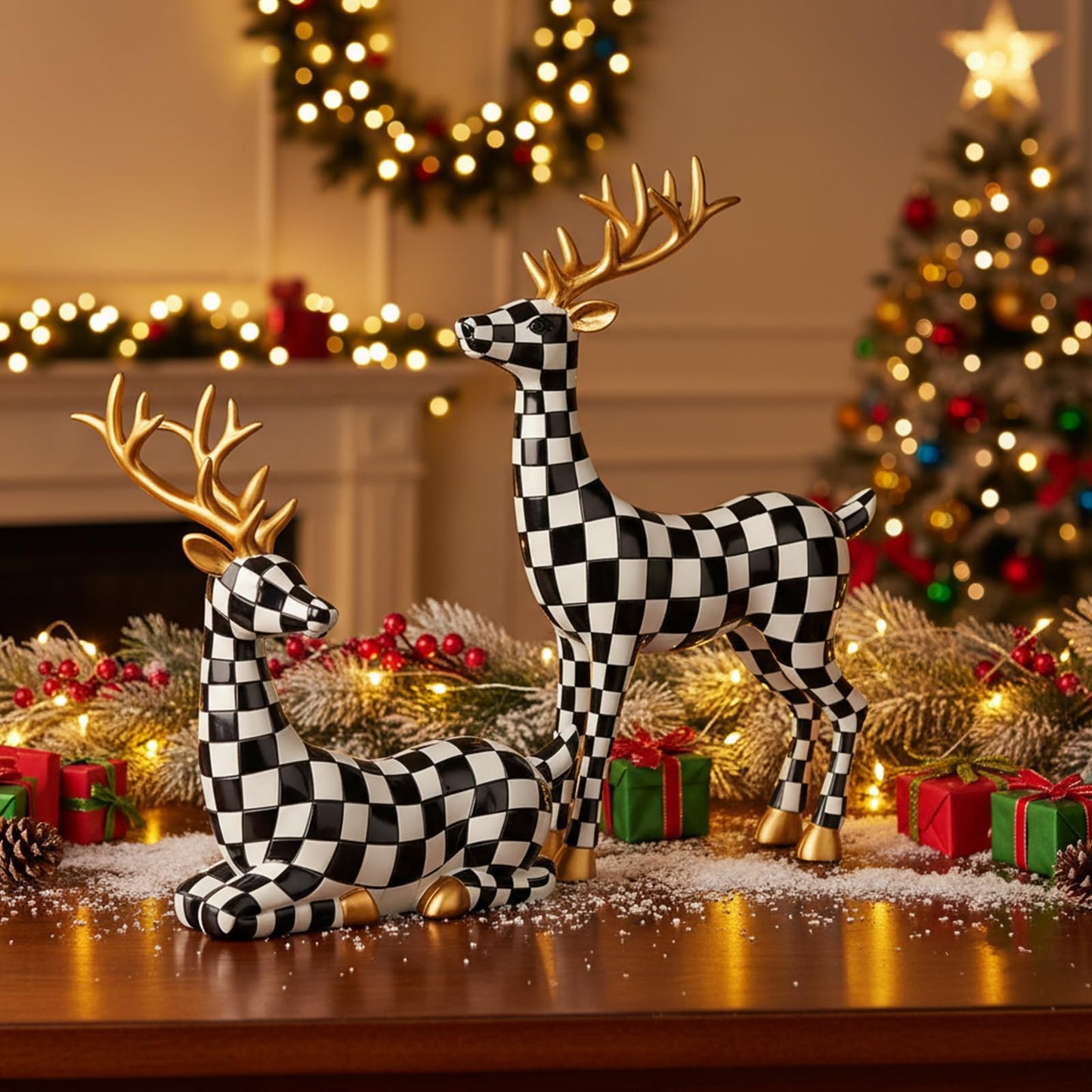 Yookeer 2 Pcs Christmas Reindeer Decoration Small Black and White Grid Deer Figurines Christmas Tabletop Reindeer Statue Centerpiece Ornaments for Mantel Fireplace Living Room Bedroom Decor