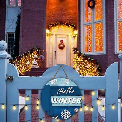 Hello Winter Door Sign for Front Door Blue Snowflakes Scarf Door Hanger Winter Wooden Porch Wall Hanging Sign for Home Outdoor Xmas Decoration 12x12 Inch