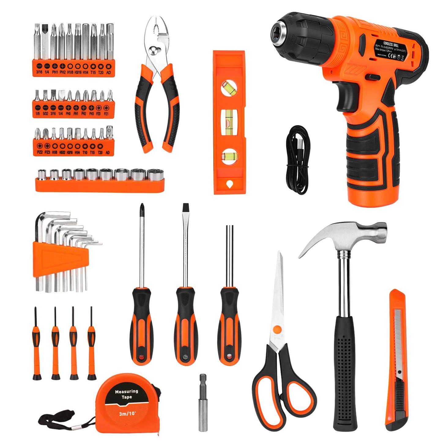 Thatool 139-Piece Tool Set - Tool Kit with 8V Cordless Drill Driver in ToolBox Storage Case, General Household Drill Set for Home Repairs, Handyman, DIY Projects