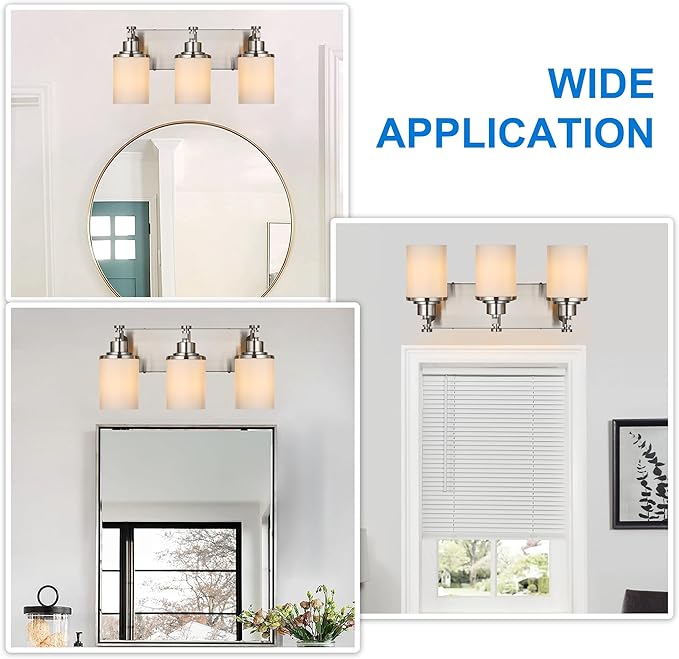 MELUCEE 3 Light Vanity Lights, Brushed Nickel Bathroom Light Fixtures with Milky White Glass Shade, Modern Wall Lights for Mirror Living Room Dressing Room Hallway, E26 Base