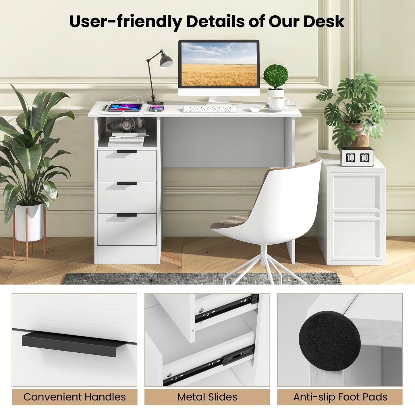 Tangkula White Desk with 3 Drawers & Charge Station, Home Office Desk with Open Shelf, Study Writing Desk, PC Desk Computer Workstation, Modern Computer Desk for Bedroom, Study