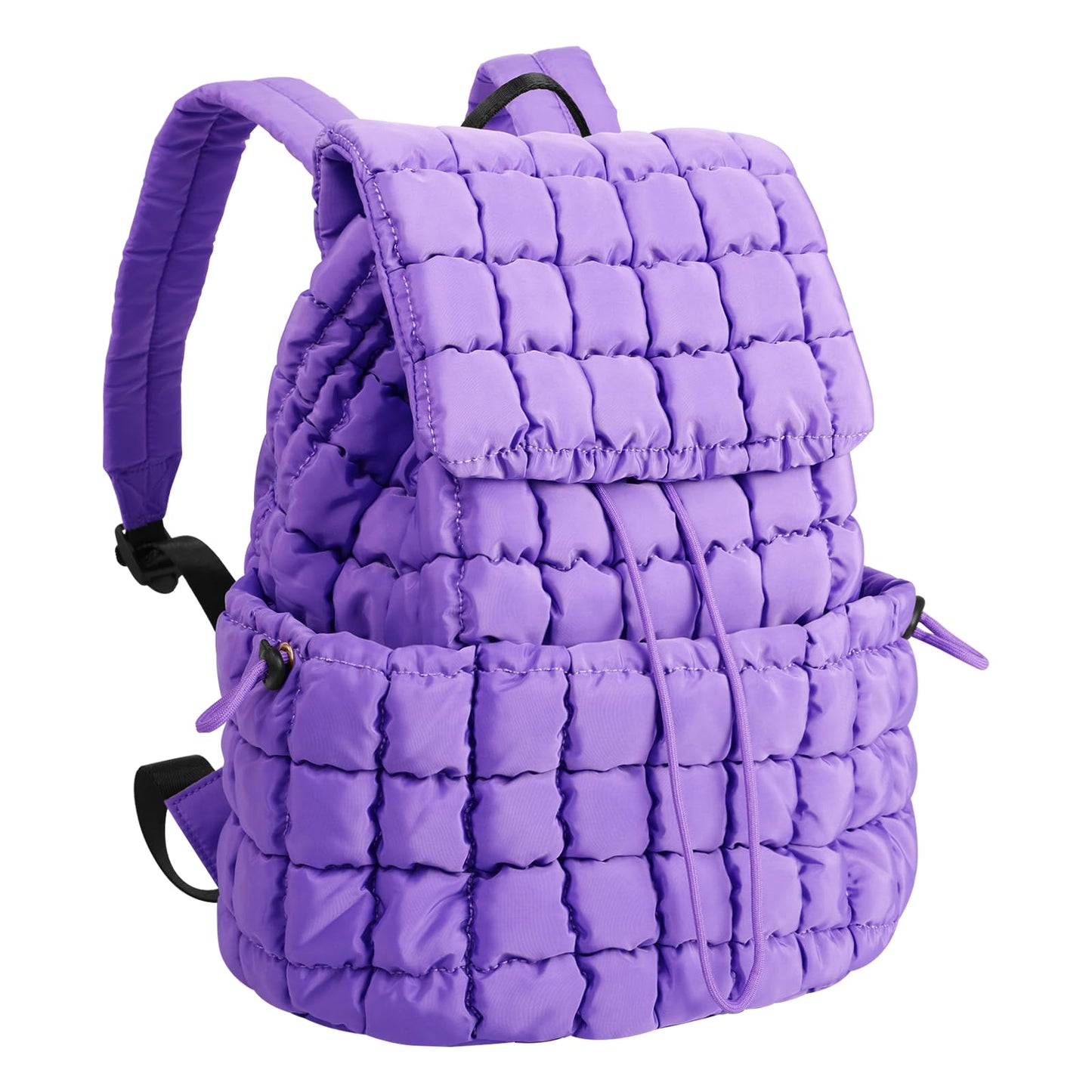 XSUIOY Quilted Backpack Purse for Women Small Lightweight Puffer Puffy College Laptop Backpack Nylon Casual Bookbag Daypack Top Flap Drawstring Padding Hiker Travel Gym Backpack(Purple)