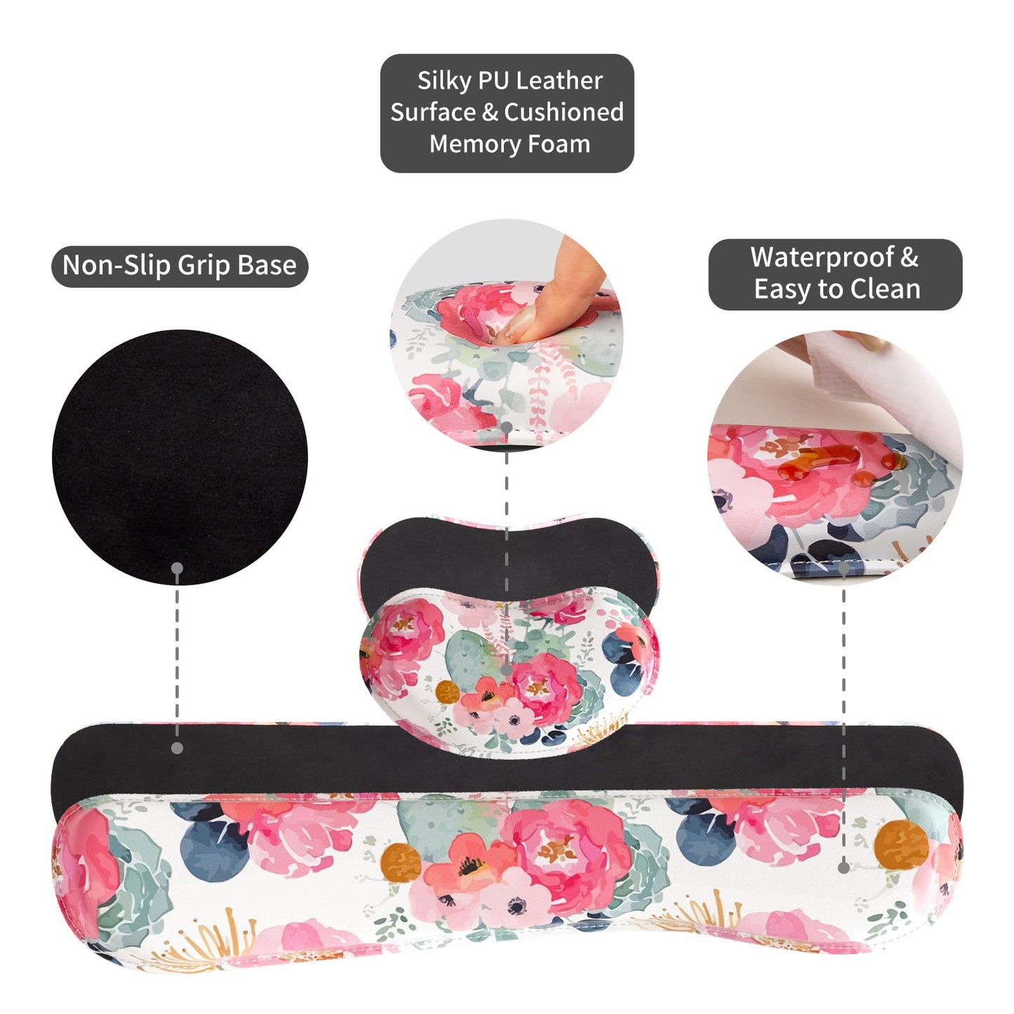 QiyI Leather Desk Mat Set, 4-in-1 Large Mouse Pad with Wrist Rest, Non-Slip Desk Pad + Keyboard Wrist Rest + Mouse Wrist Support + Coaster, Office Desk Accessories Home Decor Supplies, Pink Flowers