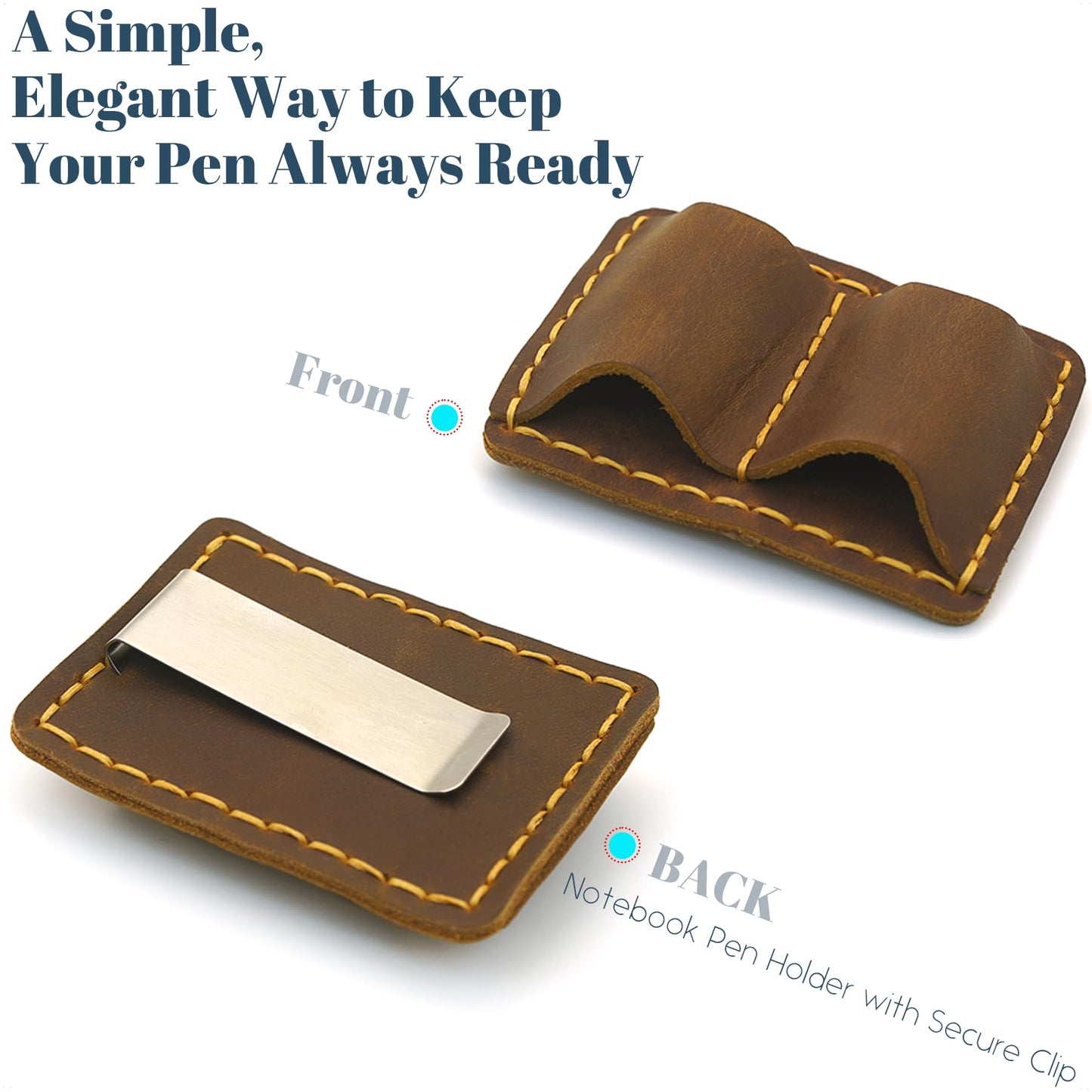 ESSSO Pen Holder for Notebook – Handmade Vintage Top-Grain Leather Notebook Pen Holder with Clip & Pen Loop for Journal, Planner & Bible (Brown)